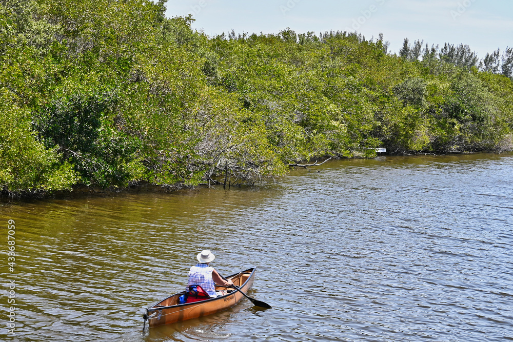 Back View of Kayaker Wearing a Hat on a Florida River