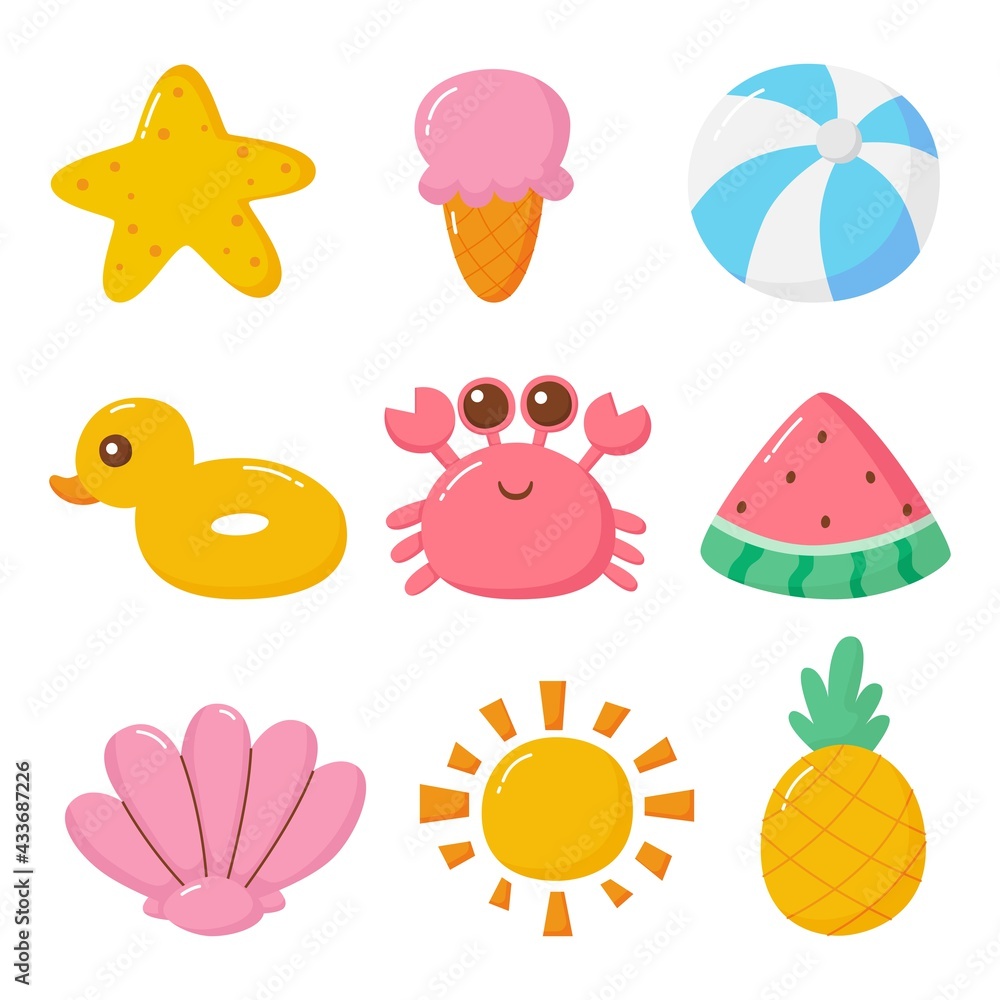 set of kawaii cartoon summer character collection on white background. vector Illustration. set of kawaii cartoon summer character collection on white background. vector Illustration.