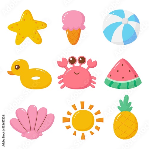 set of kawaii cartoon summer character collection on white background. vector Illustration.