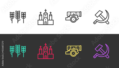 Set line Wheat, Church building, Cannon and Hammer and sickle USSR on black and white. Vector