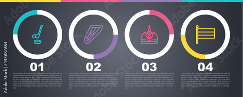 Set line Ice hockey stick and puck, Kankles, King crown and National Russia flag. Business infographic template. Vector