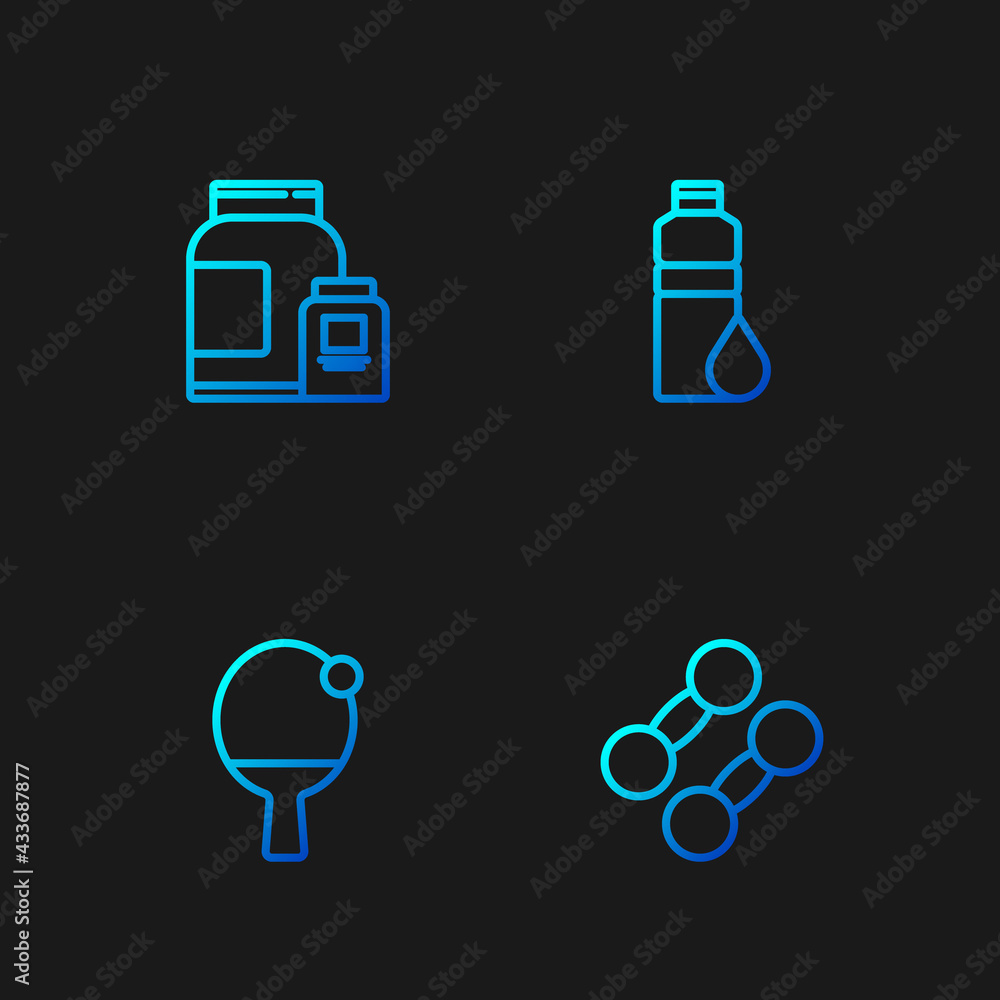 Set line Dumbbell, Racket and ball, Sports nutrition and Fitness shaker. Gradient color icons. Vector Set line Dumbbell, Racket and ball, Sports nutrition and Fitness shaker. Gradient color icons. Vector