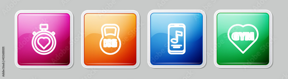 Set line Heart in the center stopwatch, Kettlebell, Music player and Fitness gym heart. Colorful square button. Vector Set line Heart in the center stopwatch, Kettlebell, Music player and Fitness gym heart. Colorful square button. Vector