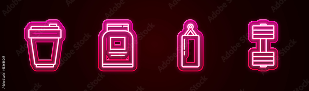 Set line Fitness shaker, Sports nutrition, Punching bag and Dumbbell. Glowing neon icon. Vector Set line Fitness shaker, Sports nutrition, Punching bag and Dumbbell. Glowing neon icon. Vector