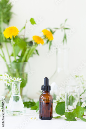 Concept of laboratory drug research for beauty products. Natural organic ingredients, pure herbal and flower extract, medical ingredients for cosmetics in glassware. Close up, white background