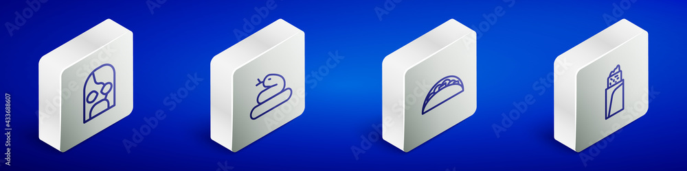 Set Isometric line Mexican wrestler, Snake, Taco with tortilla and Burrito icon. Vector Set Isometric line Mexican wrestler, Snake, Taco with tortilla and Burrito icon. Vector
