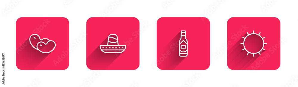 Obraz premium Set line Beans, Mexican sombrero, Tabasco sauce and Sun with long shadow. Red square button. Vector