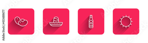 Set line Beans, Mexican sombrero, Tabasco sauce and Sun with long shadow. Red square button. Vector