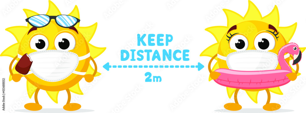 Sun emoticon in medical masks in the distance. Social distance, character Sun emoticon in medical masks in the distance. Social distance, character