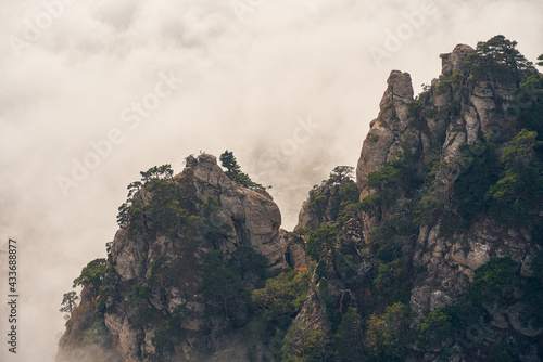 Grand stone pillars on the slopes of Mount Demerdzhi. Valley of ghosts, Crimean Mountains.