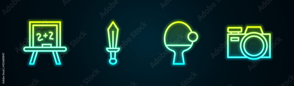 Set line Chalkboard, Sword toy, Racket and ball and Photo camera. Glowing neon icon. Vector Set line Chalkboard, Sword toy, Racket and ball and Photo camera. Glowing neon icon. Vector