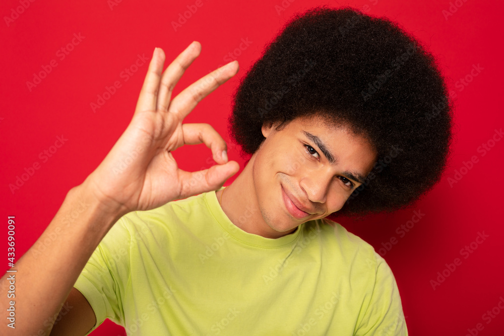 Positive African American male with Afro hairstyle smiling and looking at camera and showing okay sign while standing on red background Positive African American male with Afro hairstyle smiling and looking at camera and showing okay sign while standing on red background