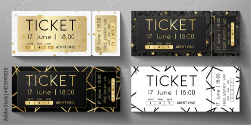 Admission ticket template set. Creative entrance ticket with abstract line, stars on gold, black and white background. Design vector template for concert event, musical performance, exhibition, show