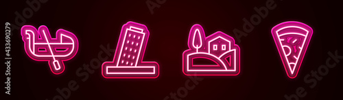Set line Gondola, Tower in Pisa, Village landscape and Slice of pizza. Glowing neon icon. Vector