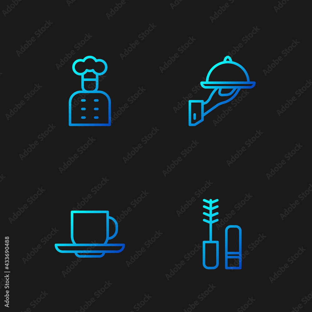 Set line Mascara brush, Coffee cup, Italian cook and Covered with tray food. Gradient color icons. Vector Set line Mascara brush, Coffee cup, Italian cook and Covered with tray food. Gradient color icons. Vector