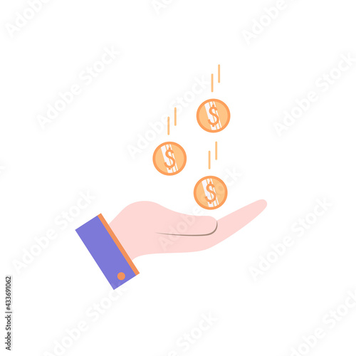 Hand holds falling coins. Making money, banking, business and finance, loans and investments. Template for financial projects.Vector illustration. Flat design..