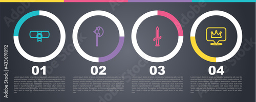 Set line Decree, parchment, scroll, Medieval axe, Dagger and Location king crown. Business infographic template. Vector
