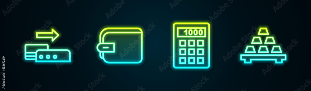Set line Pos terminal, Wallet, Calculator and Gold bars. Glowing neon icon. Vector Set line Pos terminal, Wallet, Calculator and Gold bars. Glowing neon icon. Vector