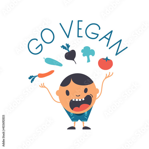 Funny boy juggling vegetables. The concept of "Go vegan". Vector isolated on a white background.