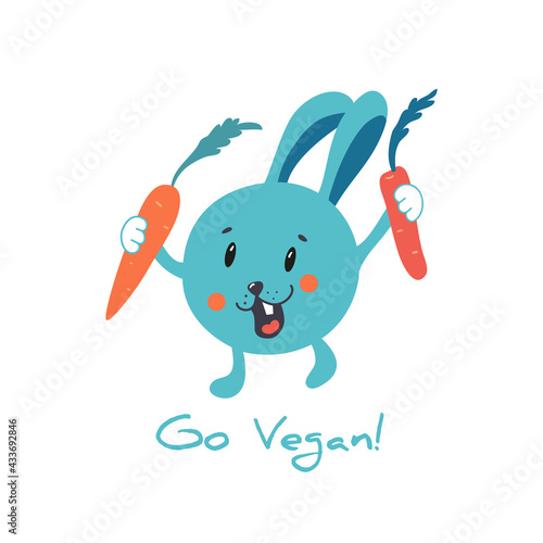 The lucky Hare  with a carrot. The concept of "Go Vegan". Vector isolated on a white background.