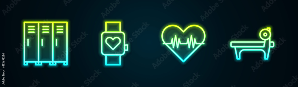 Set line Locker or changing room, Smart watch, Heart rate and Bench with barbel. Glowing neon icon. Vector Set line Locker or changing room, Smart watch, Heart rate and Bench with barbel. Glowing neon icon. Vector