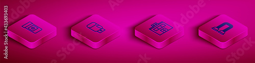 Set Isometric line Anabolic drugs, Boxing glove, Gym building and Chest expander icon. Vector