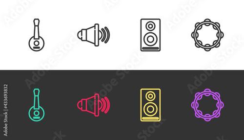 Set line Banjo, Speaker volume, Stereo speaker and Tambourine on black and white. Vector