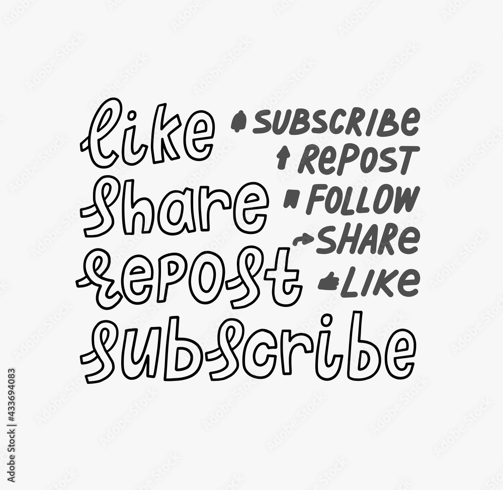 Like Share Repost Subscribe Follow doodle hand lettering stickers. quote subscribe to channel, blog. Social media background. Marketing. Vector illustration. Like Share Repost Subscribe Follow doodle hand lettering stickers. quote subscribe to channel, blog. Social media background. Marketing. Vector illustration.