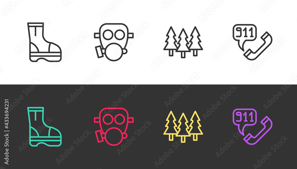 Fototapeta premium Set line Fire boots, Gas mask, Forest and Telephone call 911 on black and white. Vector