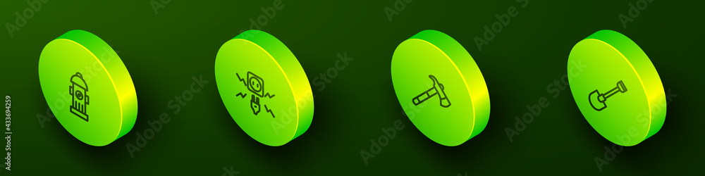 Set Isometric line Fire hydrant, Electricity spark, Firefighter axe and shovel icon. Vector Set Isometric line Fire hydrant, Electricity spark, Firefighter axe and shovel icon. Vector