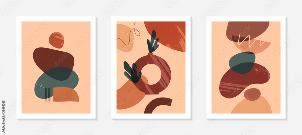 Set of modern abstract vector illustrations with vases,organic various shapes and textures.Boho watercolor wall art decor.Trendy artistic designs for banners;social media,covers,wallpaper.