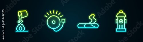 Set line Bucket extinguishing fire, Ringing alarm bell, Cigarette and Fire hydrant. Glowing neon icon. Vector