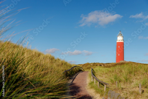The Eierland Lighthouse on the northernmost top of the Dutch island with footpath  Red lighthouse tower on the dunes in summer under blue sky and white fluffy cloud  Texel  North Holland  Netherlands.