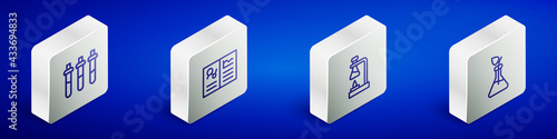 Set Isometric line Reagent bottle, Clinical record, Test tube flask on fire and Plant breeding icon. Vector