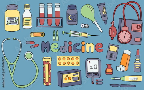 Medicine set doodle flat hand drawn pills collection in vector. Medical and healthcare concept