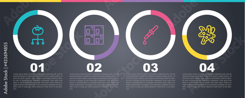 Set line Genetically modified food, Periodic table, Pipette and Cell. Business infographic template. Vector