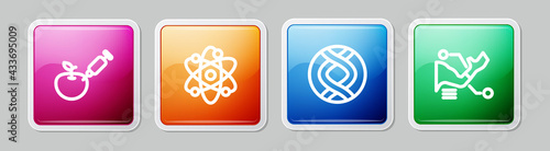 Set line Genetically modified apple, Atom, DNA symbol and Prosthesis hand. Colorful square button. Vector