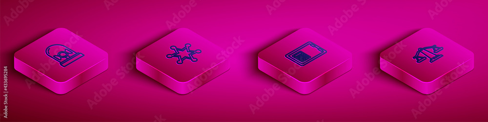 Set Isometric line Flasher siren, Hexagram sheriff, Safe and Scales of justice icon. Vector Set Isometric line Flasher siren, Hexagram sheriff, Safe and Scales of justice icon. Vector