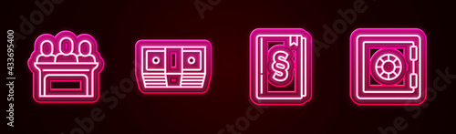 Set line Jurors, Bribe money cash, Law book and Safe. Glowing neon icon. Vector