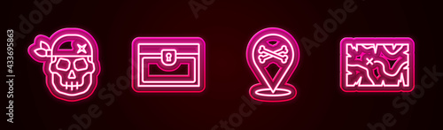 Set line Skull, Antique treasure chest, Location pirate and Pirate map. Glowing neon icon. Vector