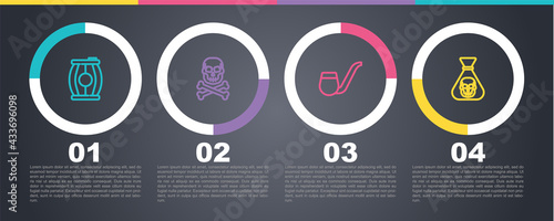 Set line Gun powder barrel, Skull on crossbones, Smoking pipe and Pirate coin. Business infographic template. Vector