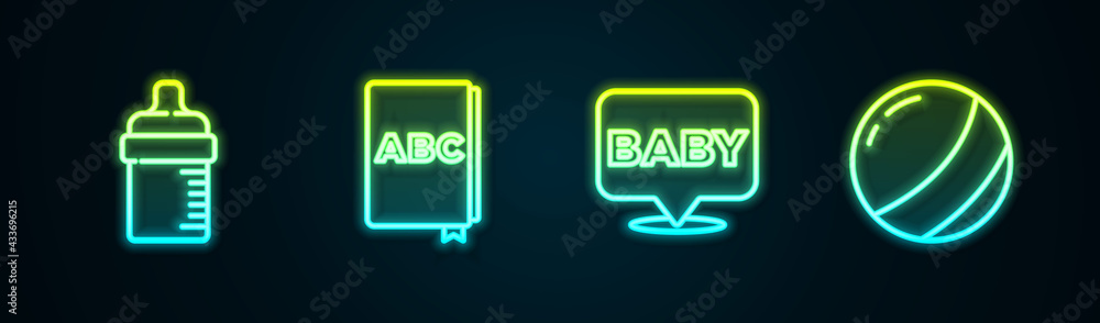 Set line Baby bottle, ABC book, and Beach ball. Glowing neon icon. Vector Set line Baby bottle, ABC book, and Beach ball. Glowing neon icon. Vector