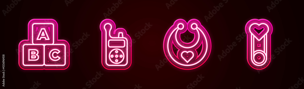 Set line ABC blocks, Baby Monitor Walkie Talkie, bib and clothes pin. Glowing neon icon. Vector Set line ABC blocks, Baby Monitor Walkie Talkie, bib and clothes pin. Glowing neon icon. Vector