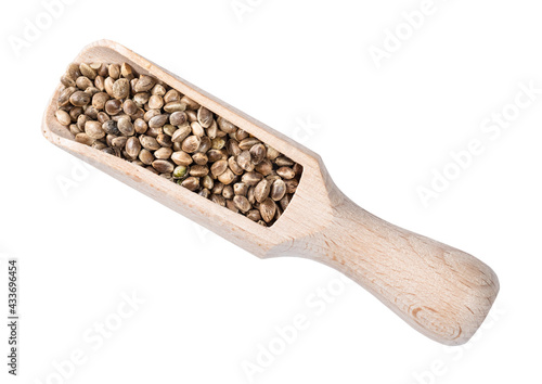 unpeeled hemp seeds in wooden scoop cutout
