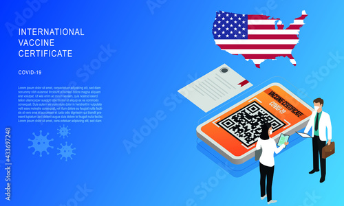 Vaccination and immunity passport for united states. isometric health and vaccination concept vector. Vaccination Record card app, Health immunity Passport app for cell phone to be able for travelling