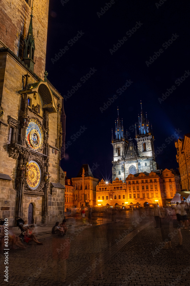 PRAGUE, CZECH REPUBLIC, 31 JULY 2020: Astronomical Clock and Church of Our Lady of Tyn at night