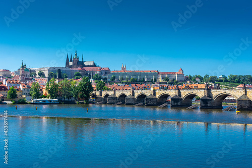 PRAGUE, CZECH REPUBLIC, 31 JULY 2020: Beautiful cityscape over the Vltava River
