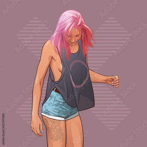 Beautiful girl with pink hair and tattoo in t-shirt and short denim shorts. Vector illustration