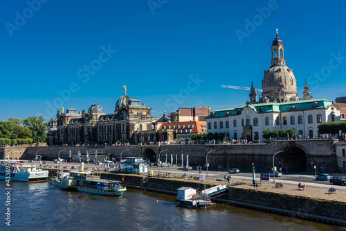 dreSDEN, GERMANY, 23 JULY 2020: View of the FRauenkirche from Elbe riverbanks