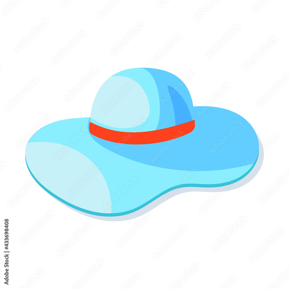 Vector illustration of a summer hat with wide brim, blue with a blue ribbon, isolated on a white background. Vector illustration of a summer hat with wide brim, blue with a blue ribbon, isolated on a white background.